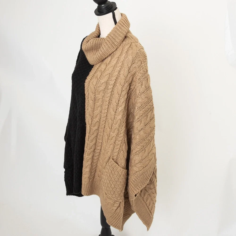 Cable knit sweater poncho black & camel XL/1X Brittany Humble
